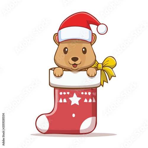 Cartoon bear peeking from Christmas stocking with Santa hat
