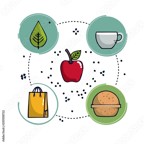 Flat design icons of food, shopping, and nature