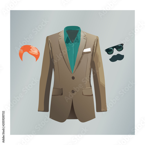 Flat design illustration of a suit jacket with accessories