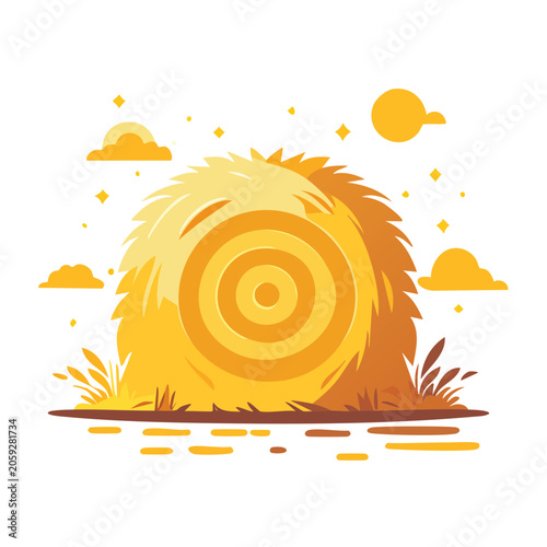 Flat design illustration of a hay bale in a field