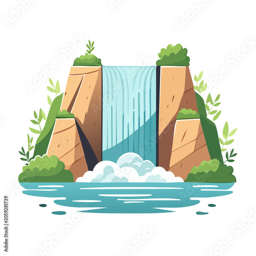 Flat Design Illustration of a Waterfall in Nature