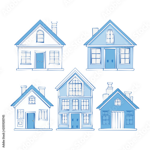 Flat Design Illustration of Five Blue Houses