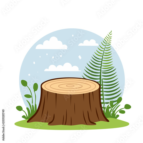 Flat Design Illustration of Tree Stump with Fern and Sky