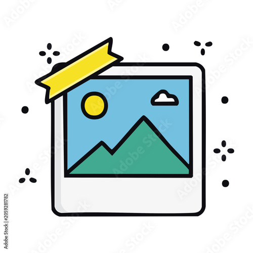 Flat design photo frame icon with mountain landscape