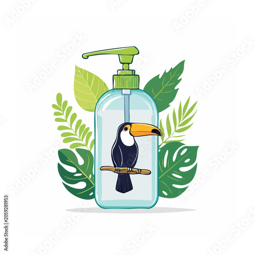Toucan on Hand Sanitizer Bottle with Tropical Leaves