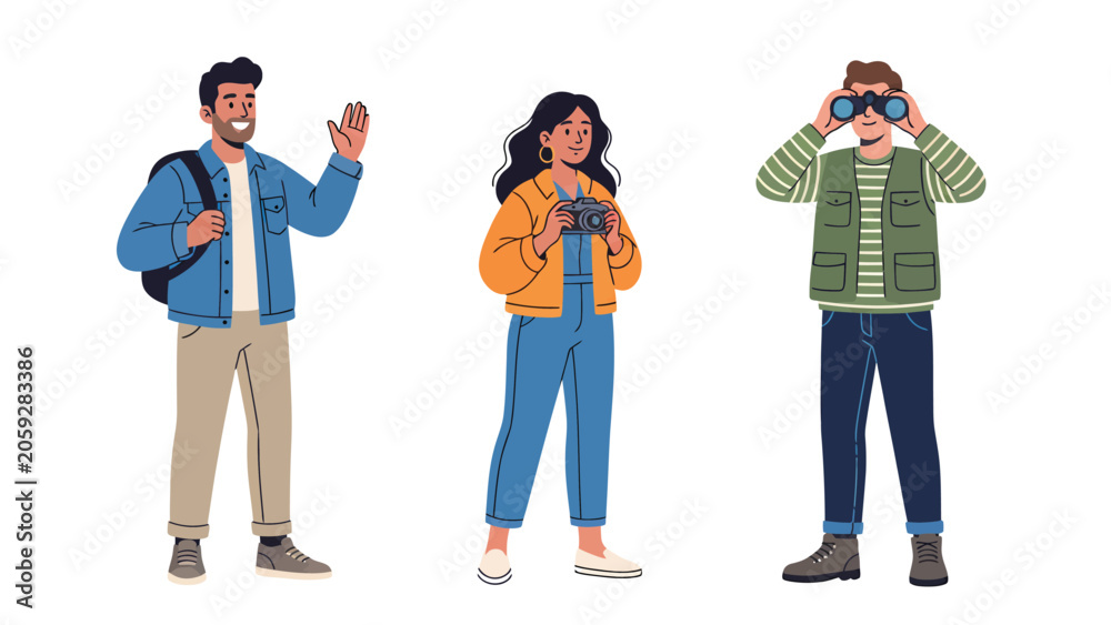 Fototapeta premium Three diverse people enjoying outdoor activities, one waving, one with a camera, and one using binoculars.