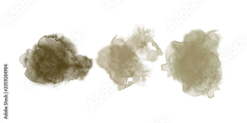 Beige watercolor blob collection. Liquid watercolour texture splash effect set. Pastel brown round ink or paint brush stroke shape elements. Vector cream ecru wet color splatters, spots, stains, drops