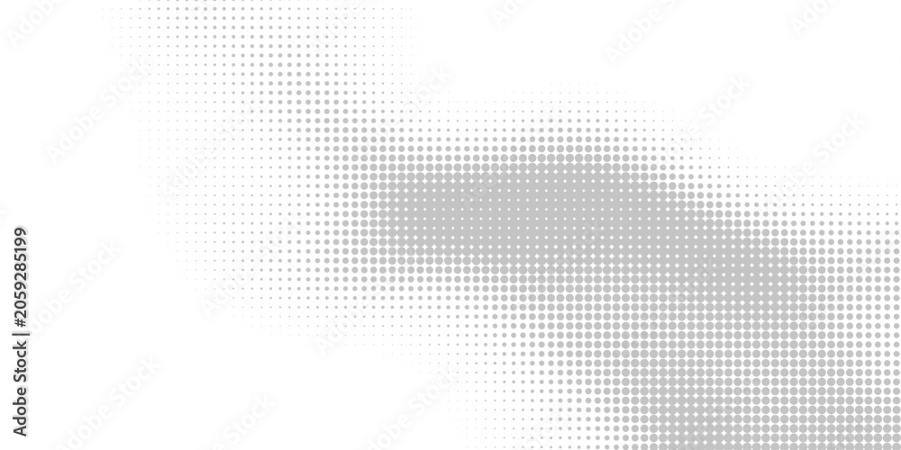 Fototapeta premium Grey dotted halftone background. Retro gris comic gradient pattern. Light silver pixelated texture overlay. Cartoon pop art faded grain backdrop for poster, banner, advertisement, brochure. Vector