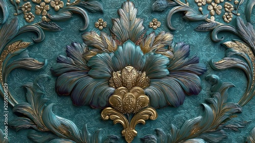 Intricate floral design in teal, gold, and blue, ornate detailing on a textured background