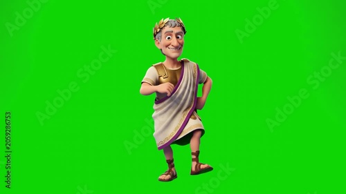 A smiling 3D stylized Roman Caesar character wearing a white toga and gold laurel wreath performs a cheerful dance. The historical ruler animation is isolated on a chroma key green background.