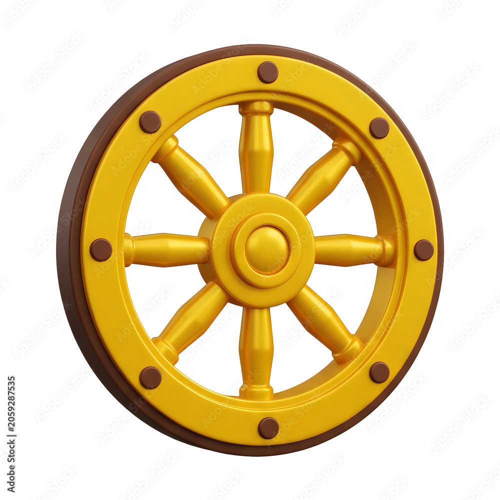 Obraz premium Golden ship wheel with brown rim on white background