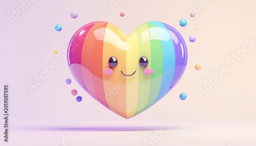 A cheerful rainbow heart with a smiling face surrounded by colorful bubbles floats in a pastel environment.