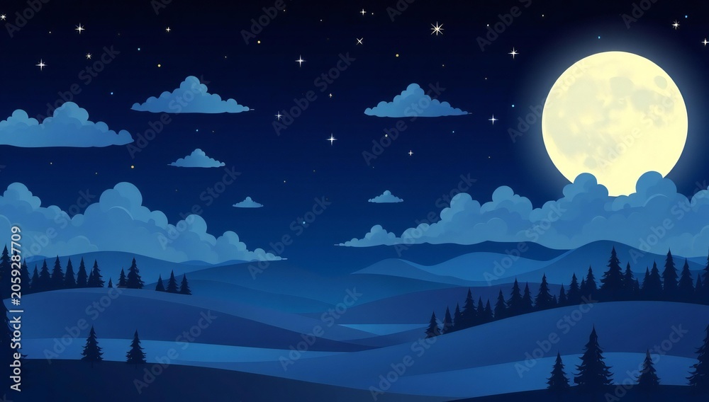 Fototapeta premium Serene night landscape with a large glowing moon and silhouetted trees