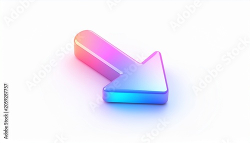 A 3D rendering of a colorful, iridescent arrow pointing downwards on a white surface