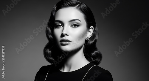 Elegant woman portrait with classic hairstyle in black and white studio setting