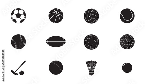 Obraz na płótnie Collection of various sports balls and equipment icons for soccer basketball and tennis