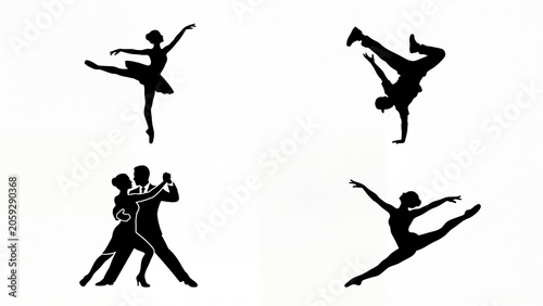 Diverse collection of dancer silhouettes featuring ballet breakdance and partner dancing ideal for performance art and graphic design elements