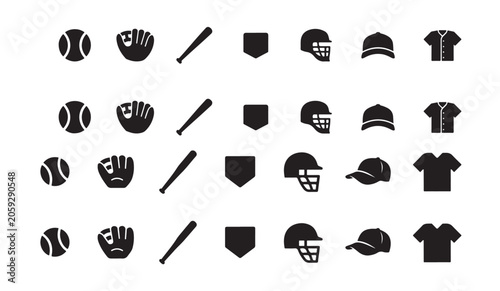 Bild auf Leinwand Baseball equipment icons with balls mitts bats catcher helmets and jerseys collection set