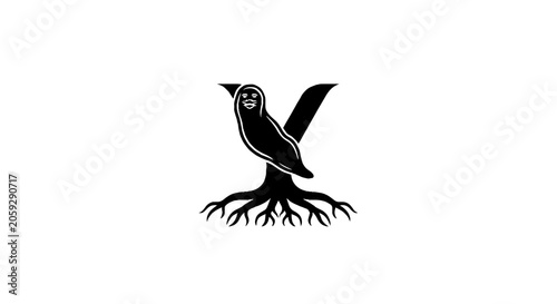 Black and white owl perched on tree roots illustration.
