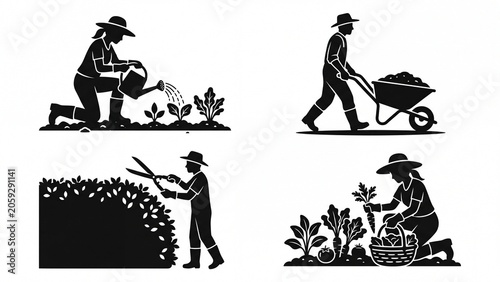 Set of gardening worker silhouettes illustrating various farm activities like watering harvesting and hedge trimming isolated on white background