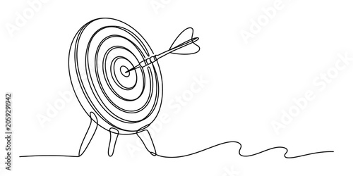 Billede på lærred A continuous single line drawing of a dart hitting the center of a target board