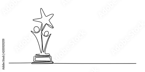 Fotografie Continuous single line drawing of two people holding up a large star trophy repr