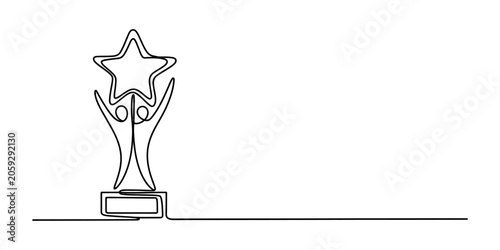 Fotografie Continuous line drawing of a person holding up a star trophy as a symbol of succ