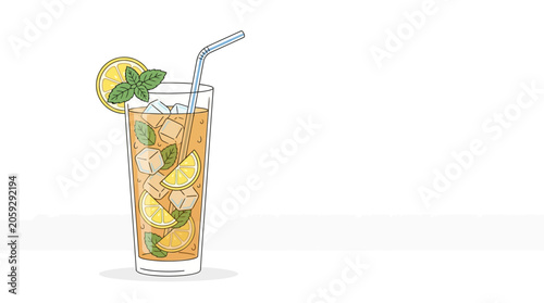 Cuadro en lienzo Refreshing iced tea with lemon, mint, and ice cubes in a tall glass, perfect for