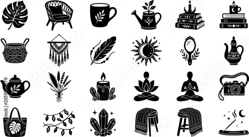 Boho Lifestyle and Cozy Home Vector Icon Set Featuring Meditation Crystals Plants and Decor Elements