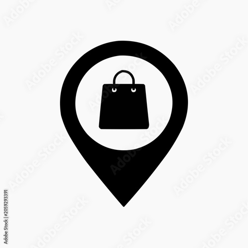 Shopping bag icon inside a location pin marker symbol for retail store or shopping destination
