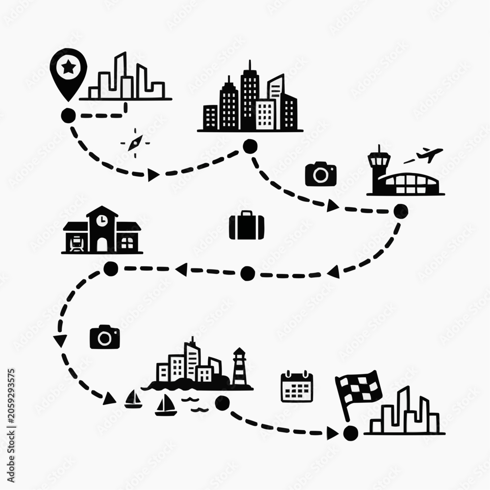 Fototapeta premium Travel itinerary map with icons representing destinations and activities