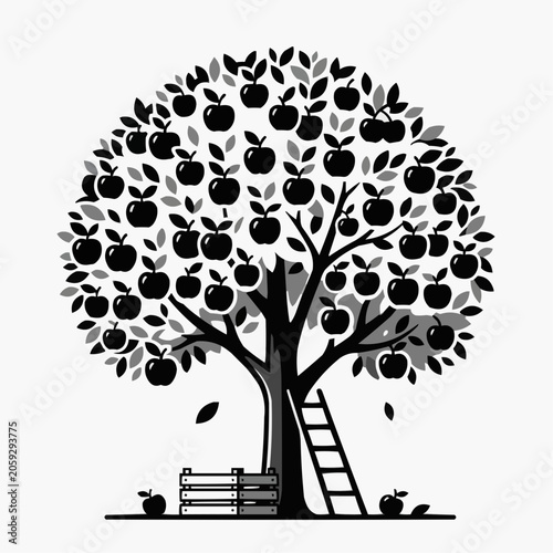 Stylized apple tree with ripe apples wooden crates and ladder for harvest