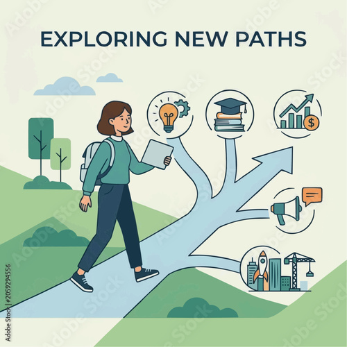 Young woman exploring new paths with icons representing education business innovation and career growth