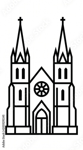Minimalist cathedral gothic church icon. Black outline illustration of a grand church building with two high steeples and circular rose window, isolated on white background.