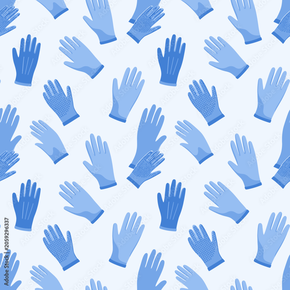 Fototapeta premium Seamless pattern of blue medical nitrile gloves for protection and hygiene in healthcare and laboratory settings