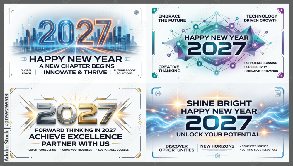 Fototapeta premium Set of four professional happy new year 2027 business presentation slides featuring futuristic cityscapes abstract tech networks and growth concepts business presentation template