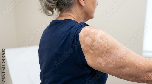 Close-up of an older adult's arm revealing skin discoloration and patches, possibly vitiligo or sun damage, in a medical examination setting