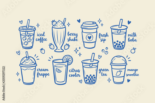 Set of hand drawn doodle icons of various iced coffee milk tea smoothies and fruit drinks with blue and black ink lines on a light gray background Vector