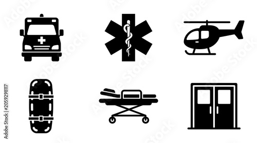 Emergency medical services icons set ambulance star of life helicopter stretcher and hospital entrance