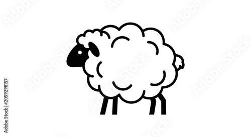 Minimalist black and white line art cartoon illustration of a fluffy sheep standing, isolated on a white background
