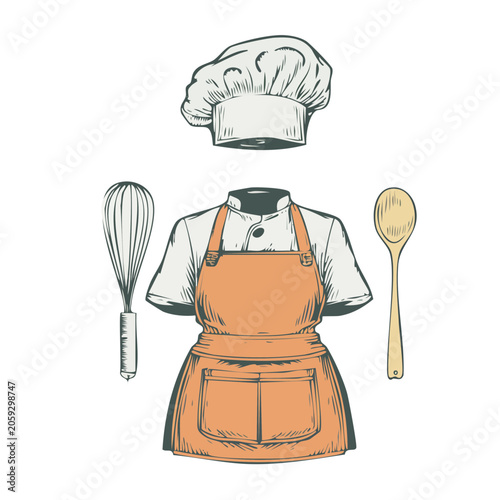 Line art illustration of chef uniform with accessories