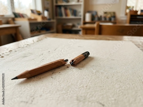 Broken wooden pencil on textured paper symbolizing frustration and creative block