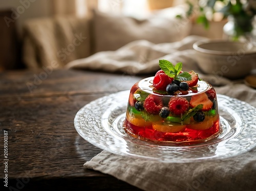 Layered Fruit Jelly Dessert with Fresh Berries and Mint on a Glass Plate