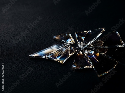 Shattered glass shards on a dark textured background