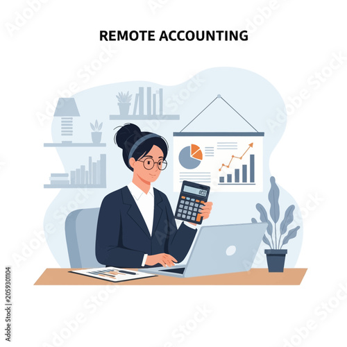 Vector illustration of a female accountant working at a desk with a laptop and calculator, featuring financial charts and graphs with the text Remote Accounting in the background.