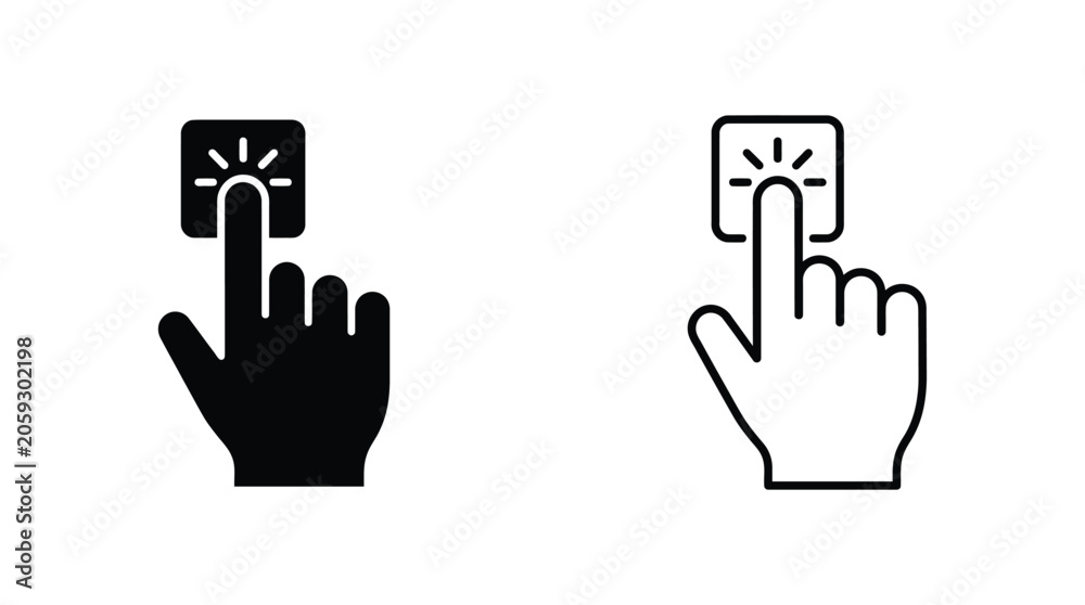 Fototapeta premium Hand Touching Square With Rays Icon Black And White Versions