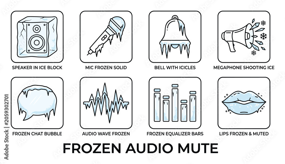 Fototapeta premium Frozen audio mute icons speaker mic bell megaphone chat bubble wave equalizer lips ice effect.