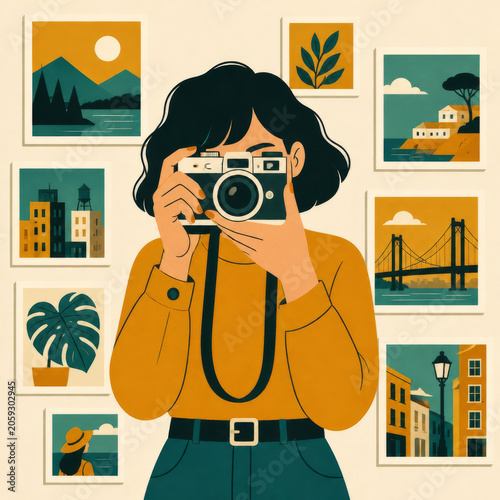 Flat illustration of person holding vintage camera