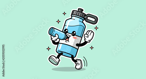 Animated water bottle mascot running with energy and charm.