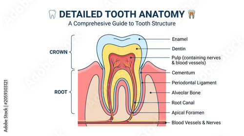 Detailed human tooth anatomy infographic with labels